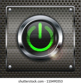 Glossy power round icon on dark metallic mesh background, vector illustration