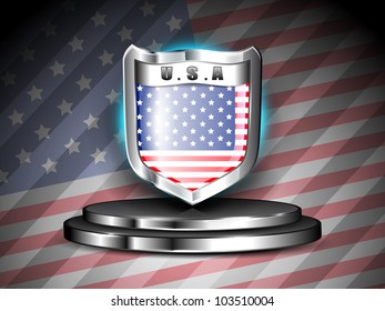 Glossy presentation of American Flag shield on presentation stage with seamless flag  background for 4th July Independence Day and other occasions.Vector Illustration. EPS10.