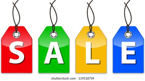 Glossy price tags with the word sale and hanging with strings. Shopping icons. Colorful labels. Vector illustration