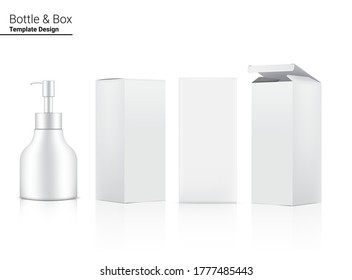 Frasco de bomba brillante maqueta cosmética realista y 3 caja dimensional para blanquear el cuidado de la piel y el envejecimiento material antiarrugas en la ilustración de fondo blanco. Atención de la salud y atención médica.