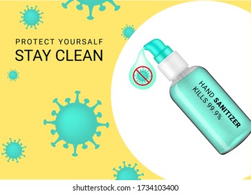 Glossy Pump Transparent Bottle with hygienic Hand sanitizer Alcohol Gel and Corona Virus Protection Advertising. New Normal Background Illustration. Health Care and Medical concept design.