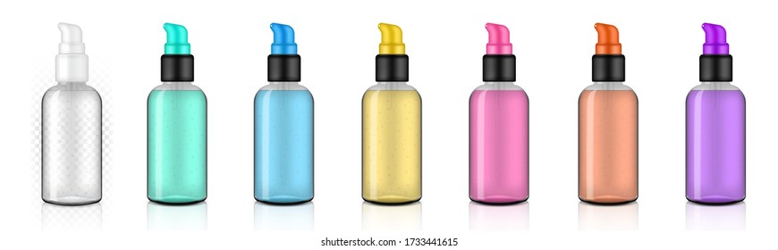 Glossy Pump Transparent Bottle Mock up Realistic with hygienic Hand sanitizer Alcohol Gel Cosmetic merchandise on White Background Illustration. Health Care and Medical concept design.