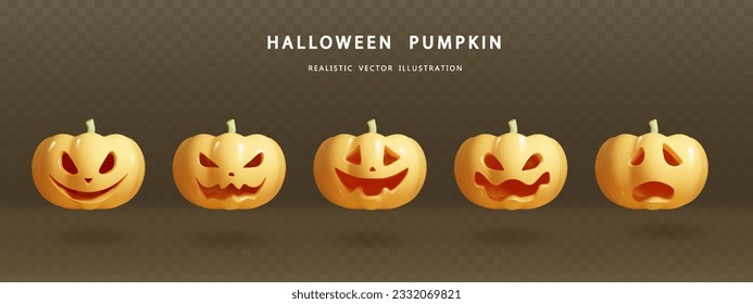 Glossy pumpkins with different emotions for holiday isolated. Halloween pumpkins set 3d vector realistic.