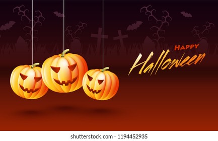 Glossy pumpkins hang on brown background for Halloween celebration. Can be used as greeting card design.