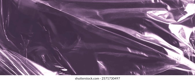 Glossy purple background with a crumpled texture. The purple background has a shiny, reflective surface, adding depth and dimension. Plastic foil wrap texture background. Purple background vector.