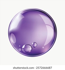 Glossy purple bubble with reflections. Purple bubble shines with light. Smooth, round purple bubble creates a glossy, reflective effect. Purple bubble art. Aesthetic vector illustration isolated.