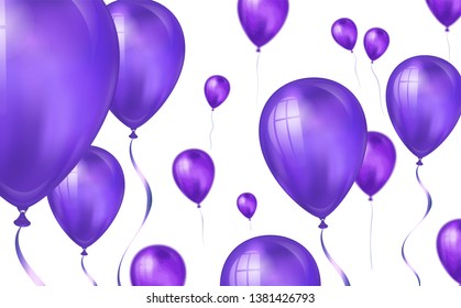 Glossy purple color Flying helium Balloons backdrop with blur effect. Wedding, Birthday and Anniversary Background. Vector illustration for invitation card, party brochure, banner.