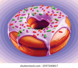 Glossy Purple Frosted Donut with Colorful Sprinkle Sweet Dessert Illustration