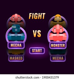 glossy purple Game ui fighting character selection pop up for 2d gui interface vector illustration