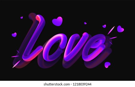 Glossy purple lettering of love with tiny hearts on shiny black background. Valentines day greeting card design.