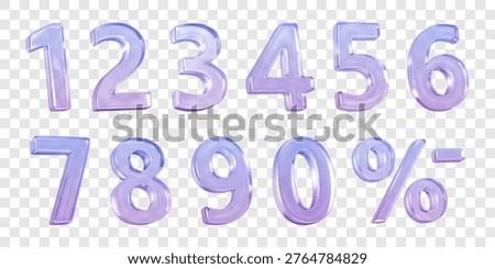 Glossy purple numbers with transparent style and reflective effect in vector illustration. Includes numbers zero through nine with percentage sign on transparent background.