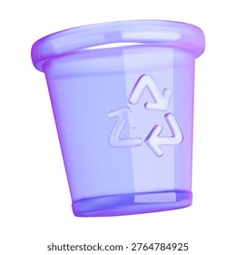 Glossy purple recycling bin with embossed arrows. Represents sustainability. Against a white backdrop. Soft gradients enhance futuristic style.
