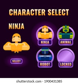 glossy purple rounded Game ui character selection pop up for 2d gui interface vector illustration