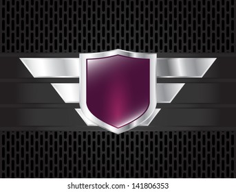 glossy purple shield symbol/ dark background/ vector illustration eps 10