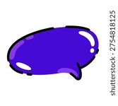  Glossy purple speech bubble illustration with bold black outline and white highlights. Simple comic style chat icon isolated on a light background with a rounded shape and clean visual look.