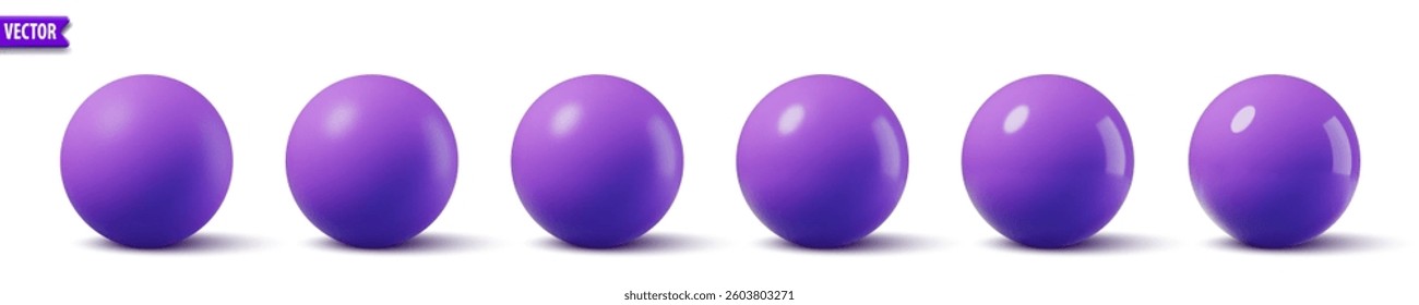 Glossy purple spheres. 3D model bubble collection realistic violet balls with smooth surface and shadows. Ideal for background mockup object modern design. Vector illustration shiny plastic globe set
