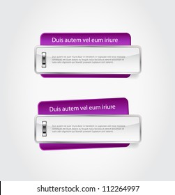 Glossy purple vector badges / banners attached with shiny metallic staples