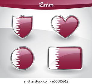 Glossy Qatar flag icon set with shield, heart, circle and rectangle shapes in silver frame. Vector illustration.