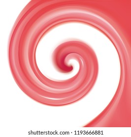 Glossy radial curvy fond with space for text on milky stripes. Whirl red gel eddy syrup surface. Appetizing mix jam juicy rose color: redcurrant, dragon or pitaya, cowberry, watermelon, grapefruit