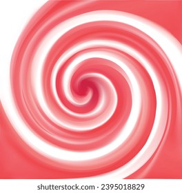 Glossy radial curvy fond with space for text on milky stripes. Whirl red gel eddy syrup surface. Appetizing mix jam juicy rose color: redcurrant, dragon or pitaya, cowberry, watermelon, grapefruit