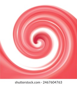 Glossy radial curvy fond with space for text on milky stripes. Whirl red gel eddy syrup surface. Appetizing mix jam juicy rose color: redcurrant, dragon or pitaya, cowberry, watermelon, grapefruit