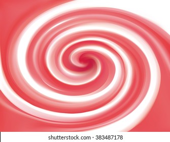 Glossy radial curvy fond with space for text on milky stripes. Whirl red gel eddy syrup surface. Appetizing mix jam juicy rose color: redcurrant, dragon or pitaya, cowberry, watermelon, grapefruit