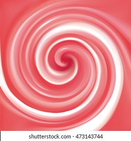 Glossy radial curvy fond with space for text in center of funnel. Whirl red gel eddy syrup surface. Appetizing mix jam juicy rose color: redcurrant, dragon or pitaya, cowberry, watermelon, grapefruit