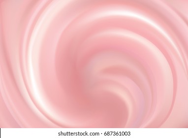 Glossy radial curvy fond with space for text in center. Whirl light red gel eddy design. Appetizing dairy fluid fresh mix of juicy fruits rose color: redcurrant, cowberry, raspberry, cranberry