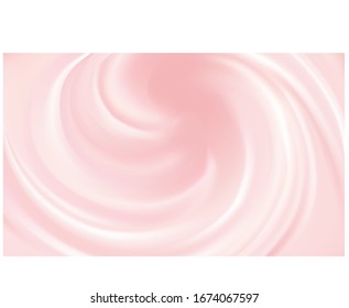 Glossy radial curvy symbol banner shape text space in center. Whirl light red gel eddy design. Appetizing dairy fluid fresh mix of juicy fruits rose color: redcurrant, cowberry, raspberry, cranberry