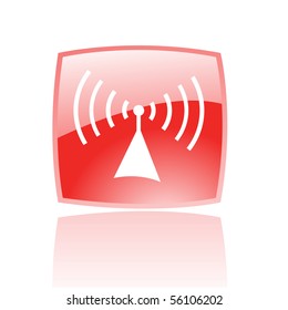 Radio brillante en botón rojo aislado en blanco