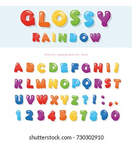 Glossy rainbow colored font design. Festive ABC letters and numbers.