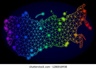 Glossy rainbow mesh vector map of USSR with glowing effect. Abstract lines, triangles, glare spots forms map of USSR on a dark background. Mesh and glowing elements are placed on different layers.