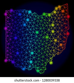 Glossy rainbow mesh vector map of Ohio State with glowing effect. Abstract lines, triangles, light spots forms map of Ohio State on a dark background.