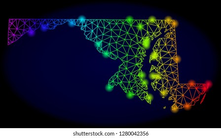 Glossy rainbow mesh vector map of Maryland State with glow effect. Abstract lines, triangles, glare spots forms map of Maryland State on a dark background.