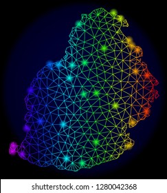 Glossy rainbow mesh vector map of Mauritius Island with glare effect. Abstract lines, triangles, light spots forms map of Mauritius Island on a dark background.