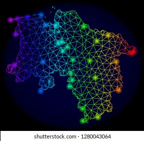 Glossy rainbow mesh vector map of Lower Saxony State with glare effect. Abstract lines, triangles, glare spots forms map of Lower Saxony State on a dark background.