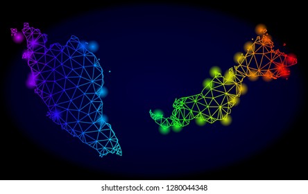 Glossy rainbow mesh vector map of Malaysia with glowing effect. Abstract lines, triangles, light spots forms map of Malaysia on a dark background.
