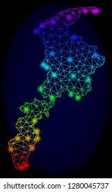 Glossy rainbow mesh vector map of Khyber Pakhtunkhwa Province with glare effect. Abstract lines, triangles, glare spots forms map of Khyber Pakhtunkhwa Province on a dark background.