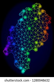 Glossy rainbow mesh vector map of Hesse State with glare effect. Abstract lines, triangles, light spots forms map of Hesse State on a dark background.