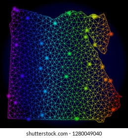 Glossy rainbow mesh vector map of Egypt with glare effect. Abstract lines, triangles, light spots forms map of Egypt on a dark background. Mesh and glare elements are placed on different layers.
