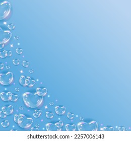 Glossy rainbow soap bubble hearts background. Realistic transparent 3d hearts on blue background with glitter.