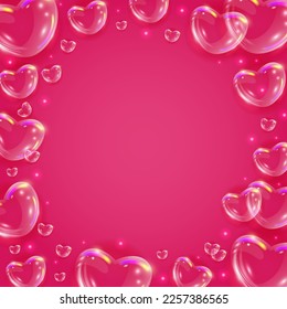 El brillante fondo de corazones de la burbuja del jabón arcoiris. Corazones 3d transparentes y realistas sobre fondo rosado. Cartel del día de San Valentín.