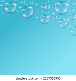 Glossy rainbow soap bubble hearts background. Realistic transparent 3d hearts on blue background with glitter.
