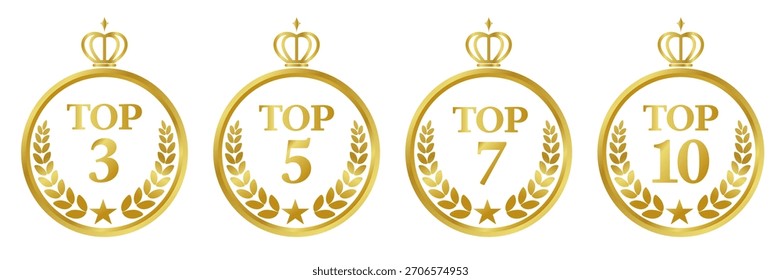 Glänzender Ranking-Symbolsatz. Vier Symbole: Top 3, Top 5, Top 7, Top 10. Vektorgrafiken auf weißem Hintergrund.