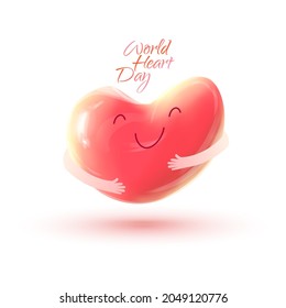 Glossy realistic 3d heart shape isolated on white background with hand embrace. Vector illustration for World Heart Day