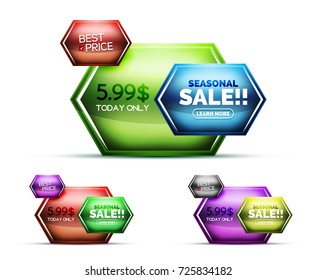 Efecto de vidrio brillante y realista, iconos de venta por Internet, botones o etiquetas promocionales vectoriales