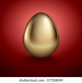 Glossy realistic golden egg. Isolated on red background. Vintage banner, card, poster for Easter, business benefit concept.