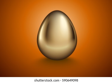 Glossy realistic golden egg. Isolated on orange background. Vintage banner, card, poster for Easter, business benefit concept