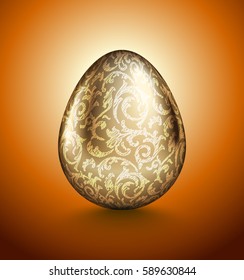 Glossy realistic golden egg with light handdrawn floral pattern. Isolated on orange background. Vintage banner, card, poster for Easter, business benefit concept.