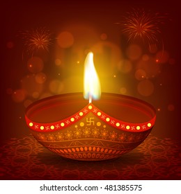 Glossy realistic illuminated Oil Lamp (Diya) on beautiful rangoli, Creative glowing festive background, Elegant Greeting Card design for Indian Festival of Lights, Happy Diwali celebration.